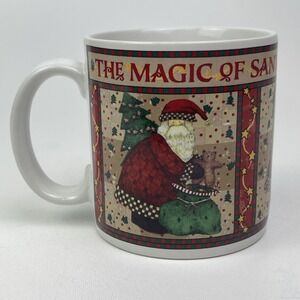 Vintage Sakura Magic of Santa Coffee Mugs 1996 Debbie Mumm Gift Bag Checkered